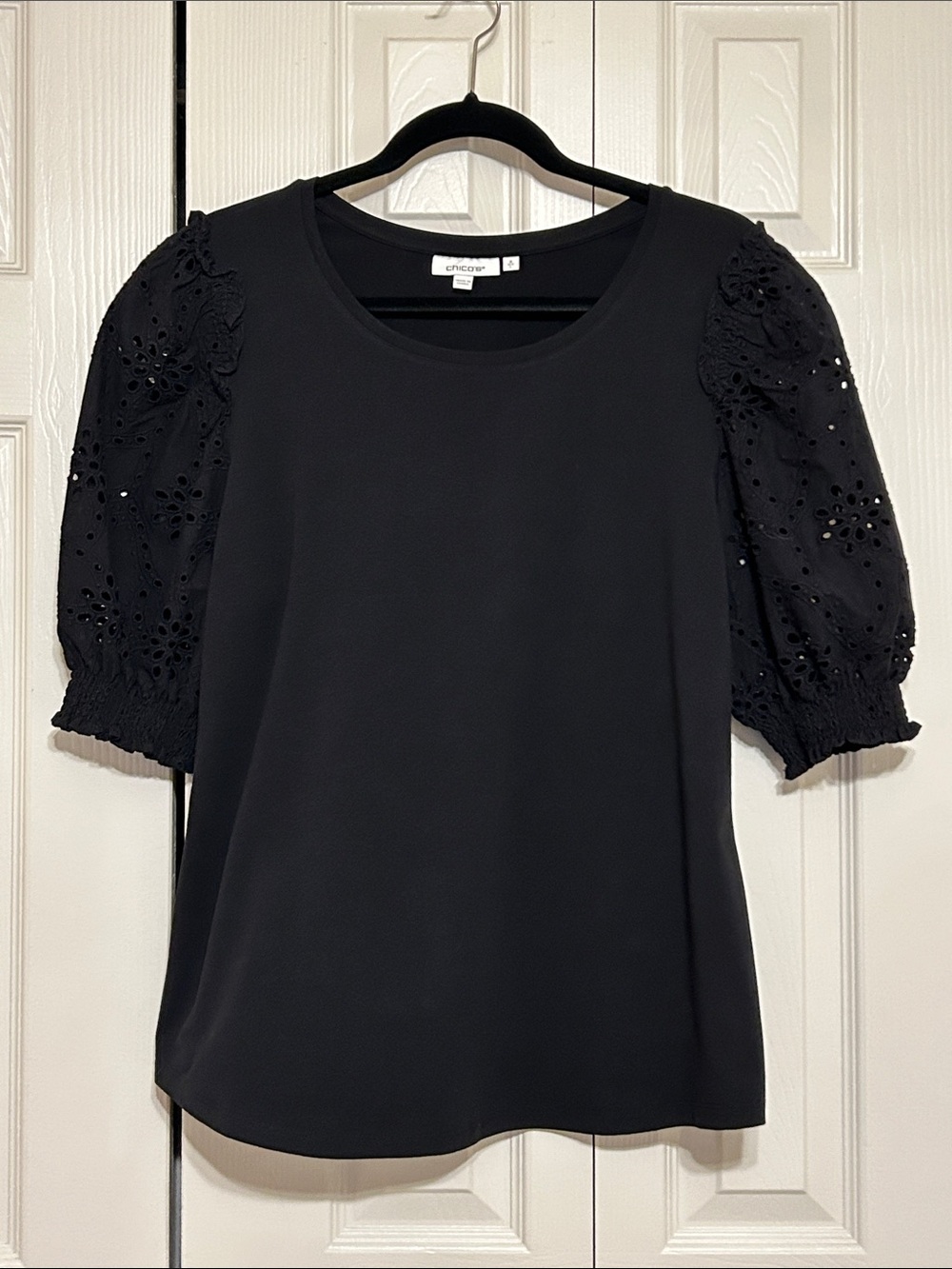 Chicos Black Eyelet Puff Sleeve Top - Sz 2 / 12-14